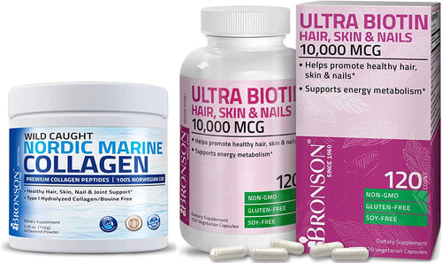 Bundle Special Bronson Marine Collagen Peptides Hydrolyzed Protein Powder 100% Wild Caught Nordic Cod Verified Sustainable Source 150g (5.29oz) + Ultra Biotin 10,000 Mcg for Joints Skin Hair Nails & Bones 120 Count