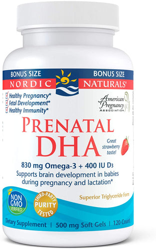 Nordic Naturals Prenatal DHA 830 mg Omega-3 + 400 IU Vitamin D3-120 Soft Gels - Supports Brain Development in Babies During Pregnancy & Lactation - Non-GMO - 60 Servings